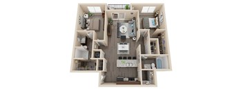 A top-down view of a two-story apartment with a living room, kitchen, and bedrooms.