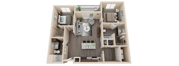 A top-down view of a two-bedroom apartment with a living room, kitchen, and bathroom.