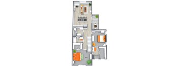 A floor plan of a house with a living room, kitchen, and two bedrooms.