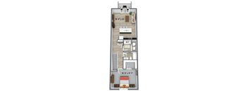 a 3d rendering of a studio apartment with a bedroom and a living room