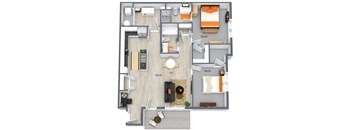 A floor plan of a house with a living room, kitchen, and two bedrooms.