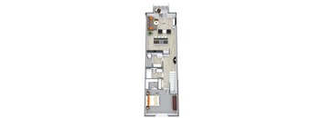 A floor plan of a two-bedroom apartment with a living room, kitchen, and bathroom.