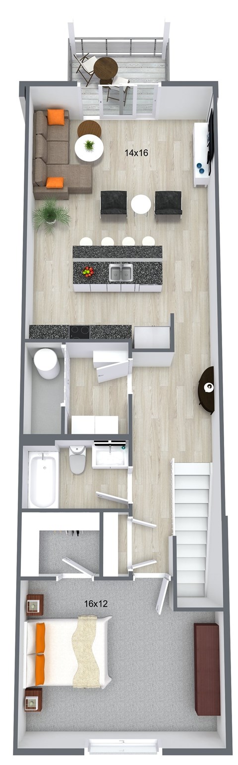 A floor plan of a two-bedroom apartment with a living room, kitchen, and bathroom.