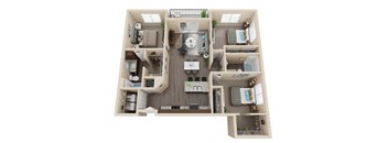 A top-down view of a small apartment with a kitchen, living room, and bedrooms.
