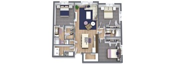 A top-down view of a house layout with a central living area, bedrooms, and a kitchen.