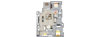 A 3D floor plan of a house with a living room, kitchen, and two bedrooms.