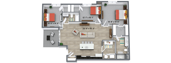 a floor plan of a bedroom apartment with a living room and a dining room