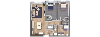 A top-down view of a room layout with furniture and appliances.