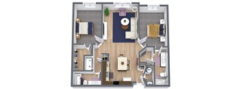 A top-down view of a small apartment with a living room, kitchen, and bedroom.