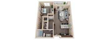A top-down view of a small apartment with a bedroom, living room, and kitchen area.