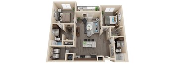 A top-down view of a small apartment with a kitchen, living room, and bedroom.