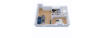A 3D floor plan of a small apartment with a kitchen, living room, and bedroom.