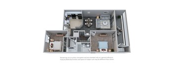 A 3D rendered image of a house layout.