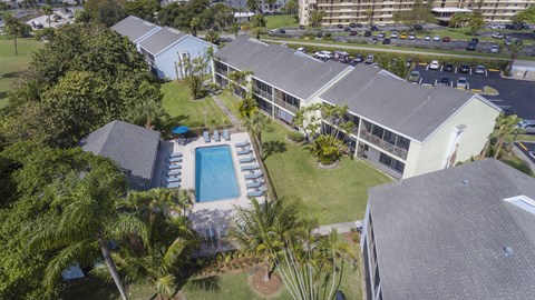 A swimming pool is surrounded by palm trees and a building.