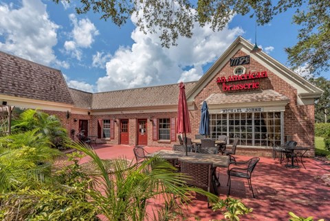 a patio outside of a restaurant with tables and chairs