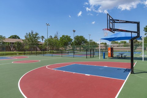 a basketball court with a blue canopy and a red and green basketball