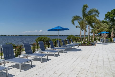 a row of chairs and umbrellas by the water