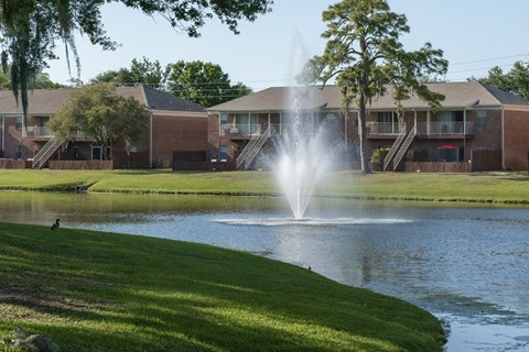 a fountain in the middle of a pond in front of some apartments