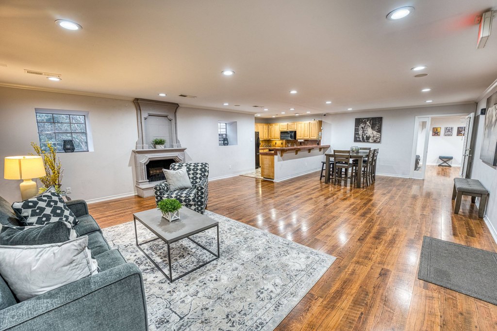 a living room with a couch and a table