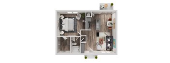 A top-down view of a small apartment with a kitchen, living room, and bathroom.