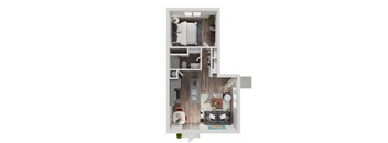 A top down view of a small apartment with a kitchen, living room and bedroom.