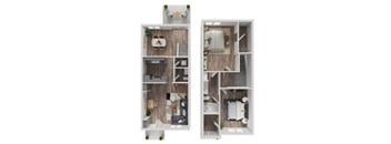 A top down view of a small apartment with a kitchen, living room, and bedroom.
