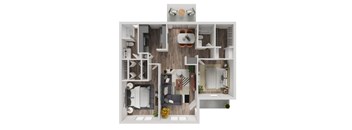 A top-down view of a small apartment with a kitchen, living room, and bedroom.