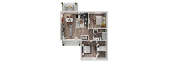 A top-down view of a small apartment with a kitchen, living room, and bathroom.
