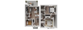 A split image of a small apartment with a kitchen and a bathroom.