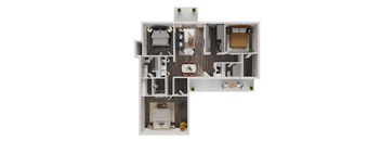A floor plan of a small apartment with a kitchen, living room, and two bedrooms.