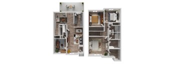 Two images of a house layout with a kitchen, living room, and bedrooms.