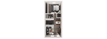 A top-down view of a small apartment with a kitchen, living room, and bathroom.