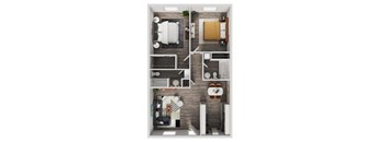 A top-down view of a small apartment with a kitchen, living room, and bedroom.