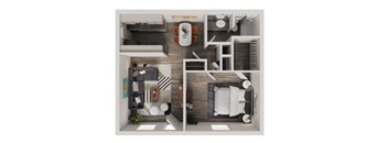 A top-down view of a modern apartment layout with a kitchen, living room, and bedroom.