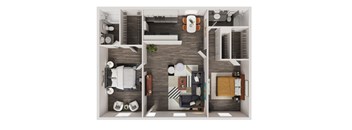 A top-down view of a small apartment with a bedroom, living room, and kitchen.