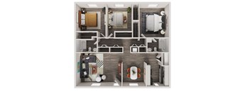 A top-down view of a small apartment with a kitchen, living room, and bedroom.