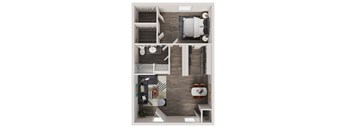 A top-down view of a small apartment with a kitchen, living room, and bathroom.