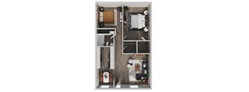 A top down view of a small apartment with a kitchen, living room, and bathroom.
