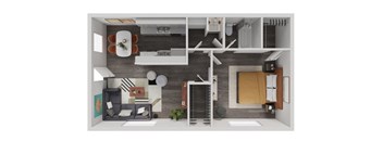 A modern apartment layout with a living room, kitchen, and bathroom.