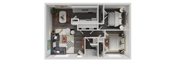 A top-down view of a small apartment with a living room, kitchen, and bedroom.