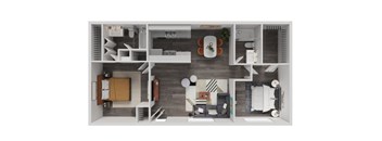 A top-down view of a modern apartment layout with a kitchen, living room, and bedrooms.