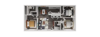 A top-down view of a small apartment with a kitchen, living room, and bedroom.