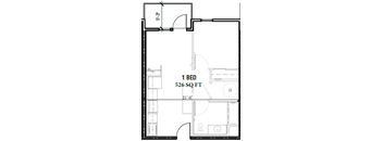 A floor plan of a 1 bedroom, 526 square feet apartment.