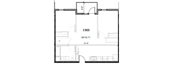 A floor plan of a 2 bedroom apartment sized 800 square feet.