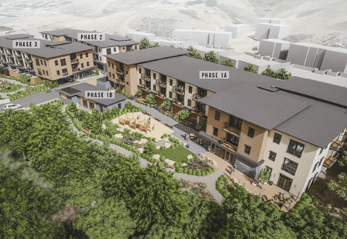 An aerial view of a multi-phase residential development with buildings labeled Phase 1A, Phase 1B, Phase 2, and Phase 3.