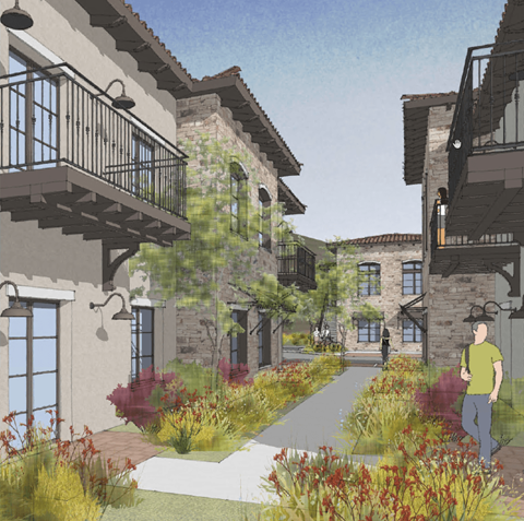 a rendering of a house with a courtyard and a man in a green shirt walking down a