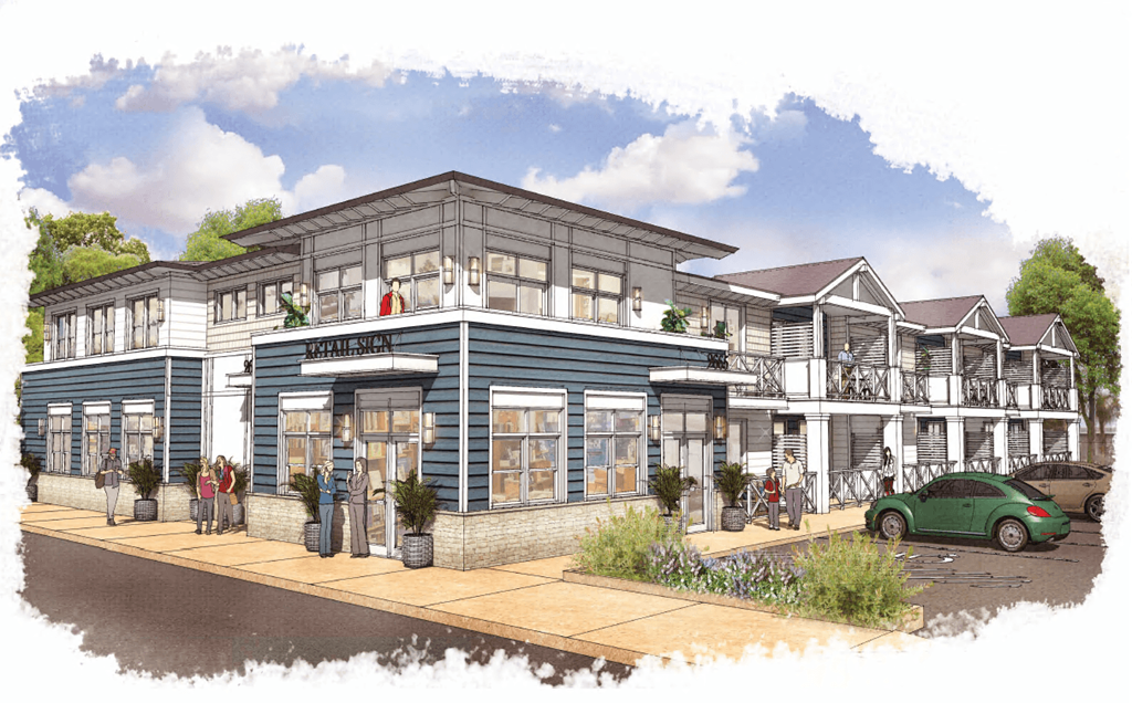 a rendering of a blue and white building with a green car