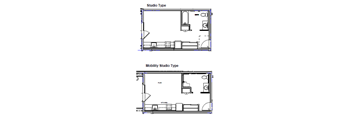 a floor plan of a small house with a loft and a studio