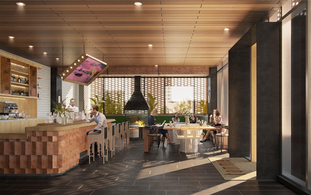 a rendering of a restaurant with people sitting at tables