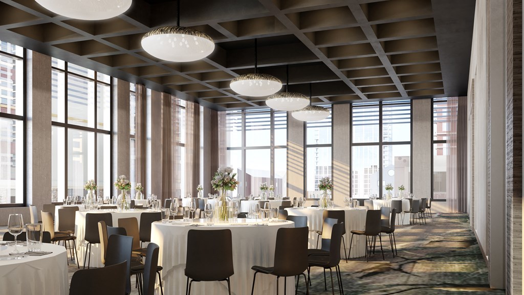 a rendering of a dining room with tables and chairs